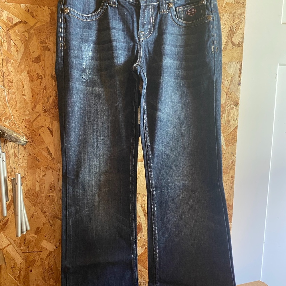 Harley-Davidson Dark Blue Denim Jeans with Pink Logo Accent —-WOMANS